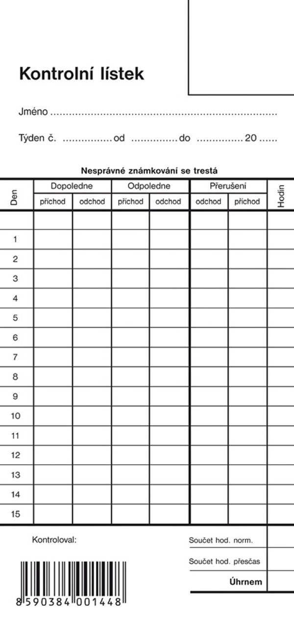 1144 Docházkový lístek - volný list  9x19