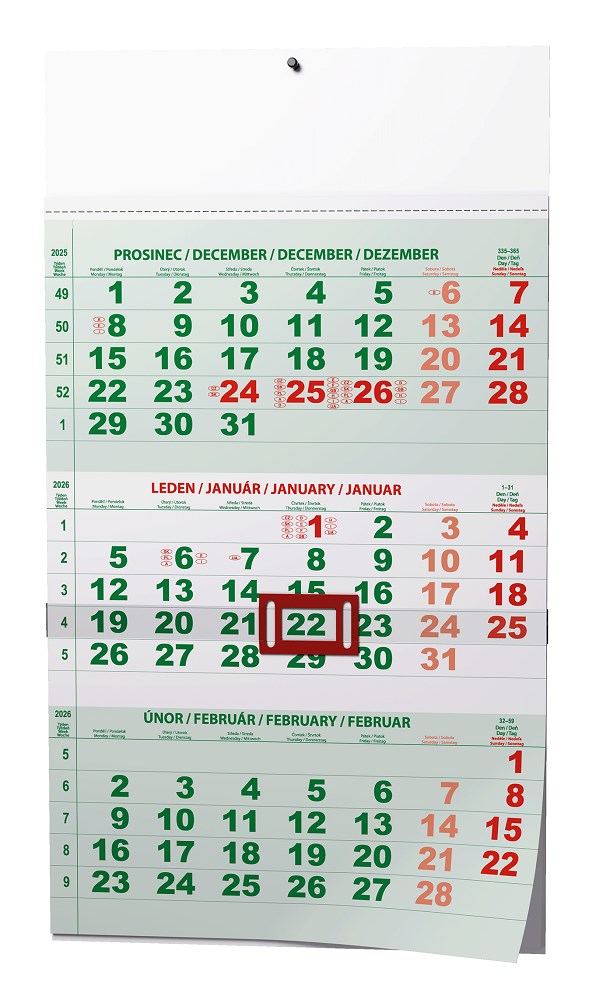 *B26  BNC2-26  Tříměsíční - A3 (s mezinárodními svátky) - zelený