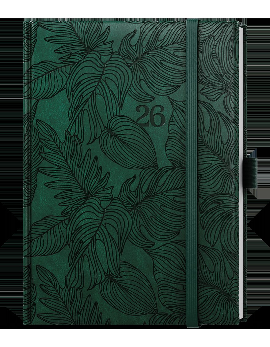 *B26  BTP62-18-26  Týdenní diář - Prokop - Vivella extra - B6 - tmavě zelená - Tropik , gumička + poutko tmavě zelené