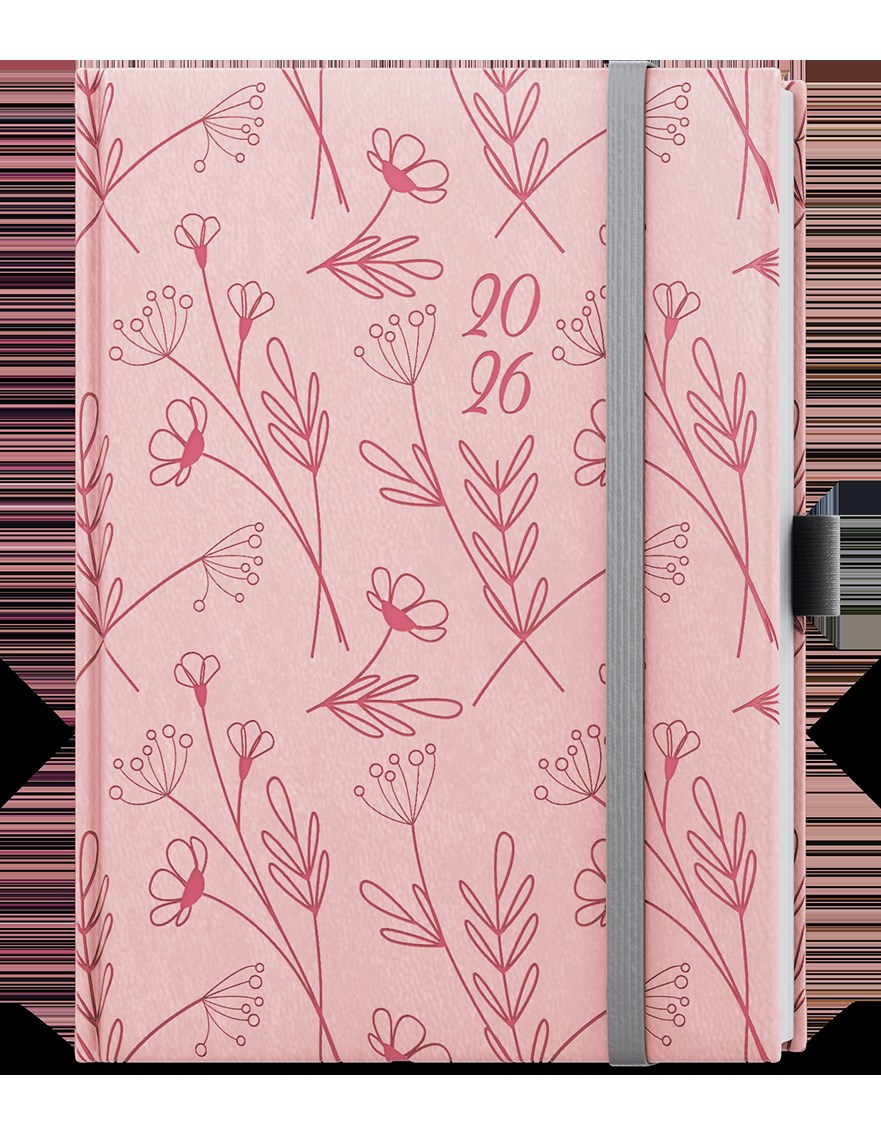 *B26  BTP62-20-26  Týdenní diář - Prokop - Vivella extra - B6 - pastelová růžová - Kvítí , gumička + poutko šedé