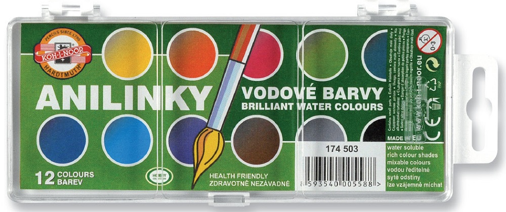 Barvy vodové 12 barev brilantní pr.22.5mm   174503/12 (anilinky)