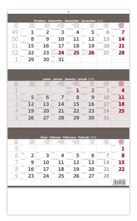 *H26  N204-26  nástěnný kalendář  Tříměsíční šedý , 315x450(70)