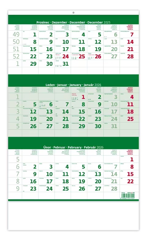 *H26  N206-26  nástěnný kalendář  Tříměsíční zelený , 315x450(70)