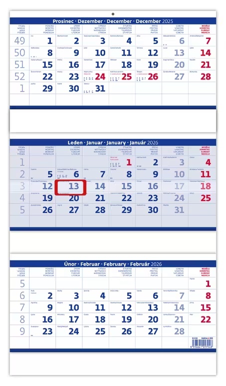 *H26  N208-26  nástěnný kalendář  Tříměsíční skládaný modrý , 315x555(35)