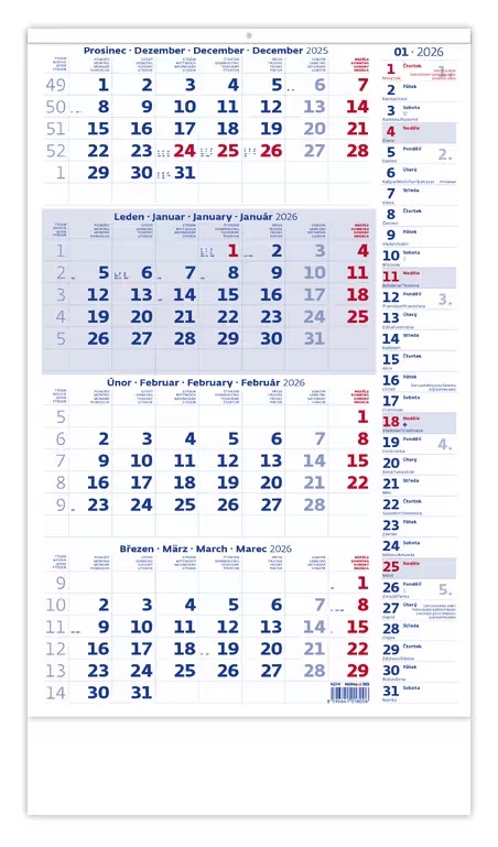 *H26  N214-26  nástěnný kalendář  Čtyřměsíční modrý s poznámkami , 315x490(70)