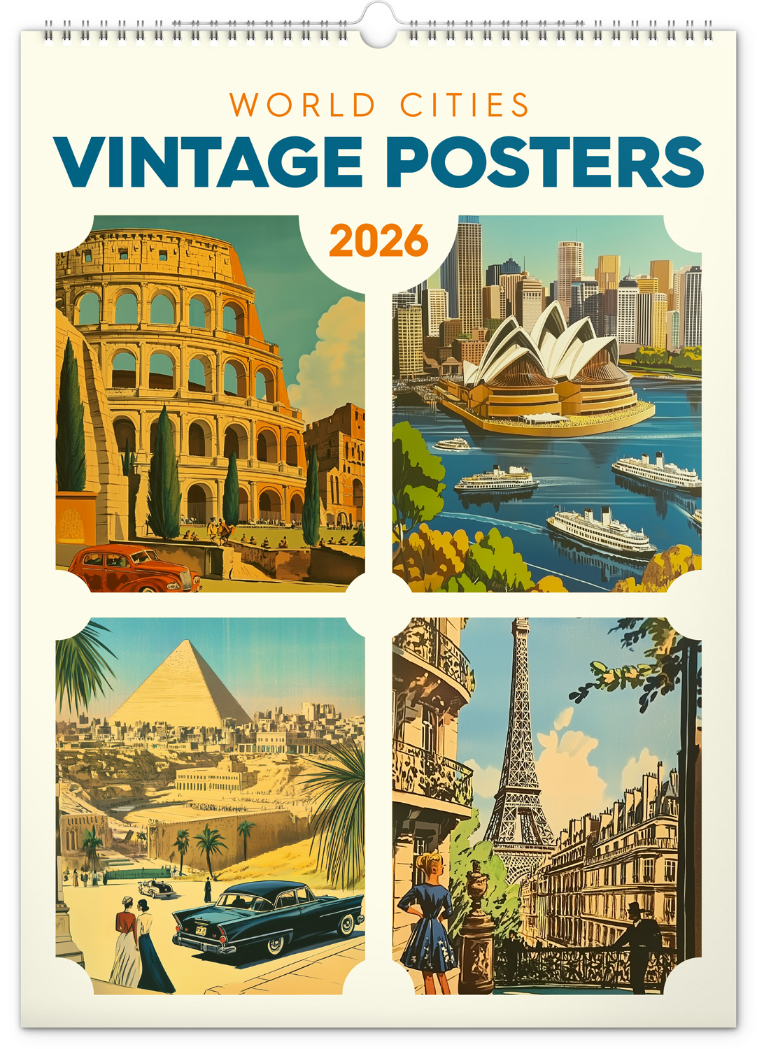 *P26  PGN-35184  NOTIQUE Nástěnný kalendář Vintage plakáty – světová města 2026, 33 x 46 cm
